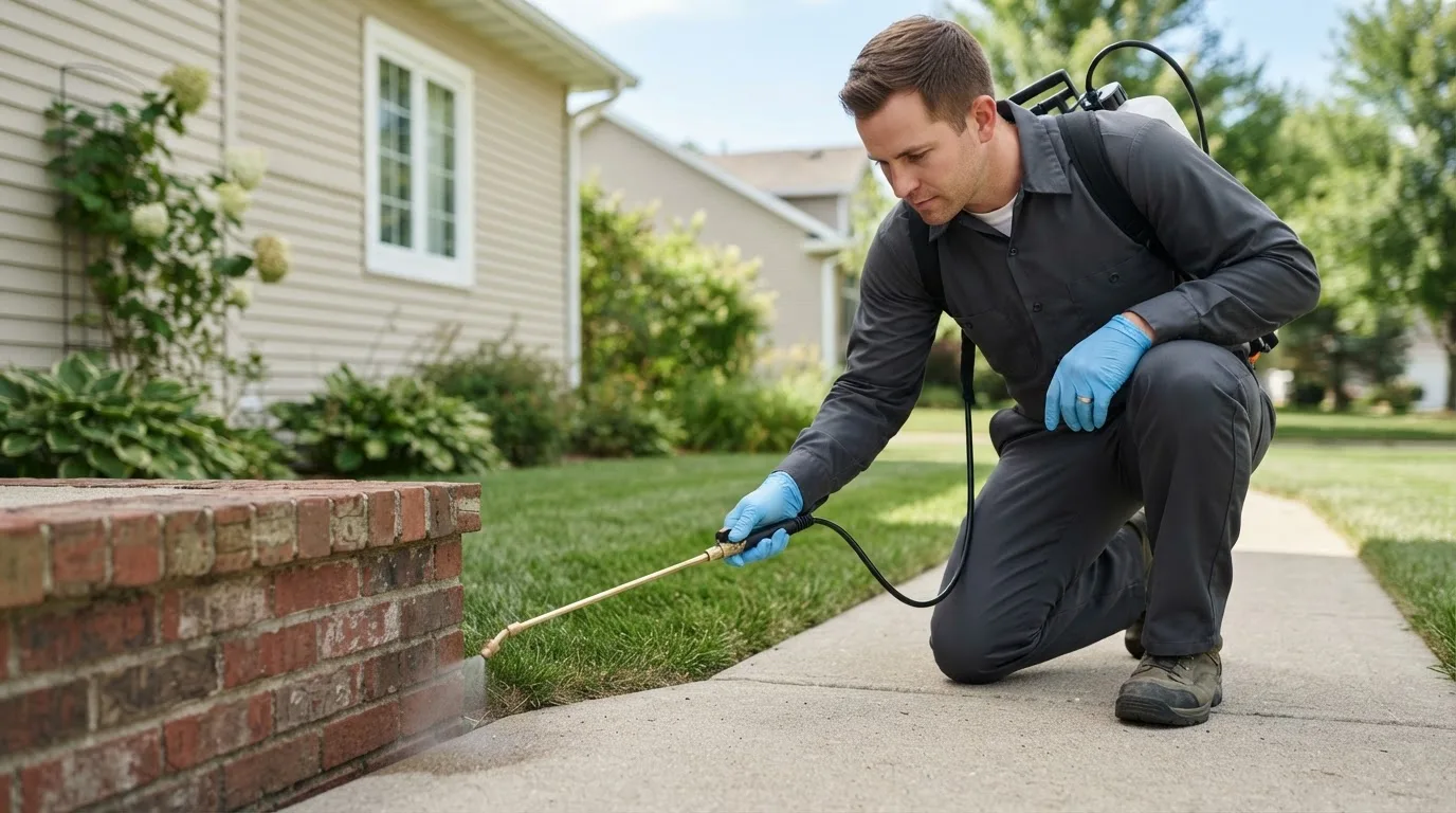 Pest control technician treating a home near Owendale, MI