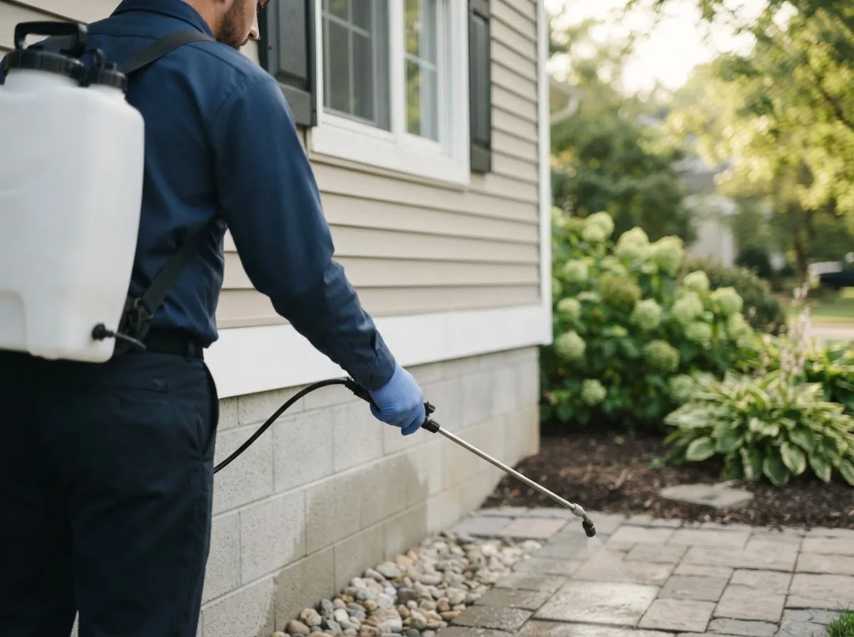 Pest control technician inspecting a home in Owendale, MI